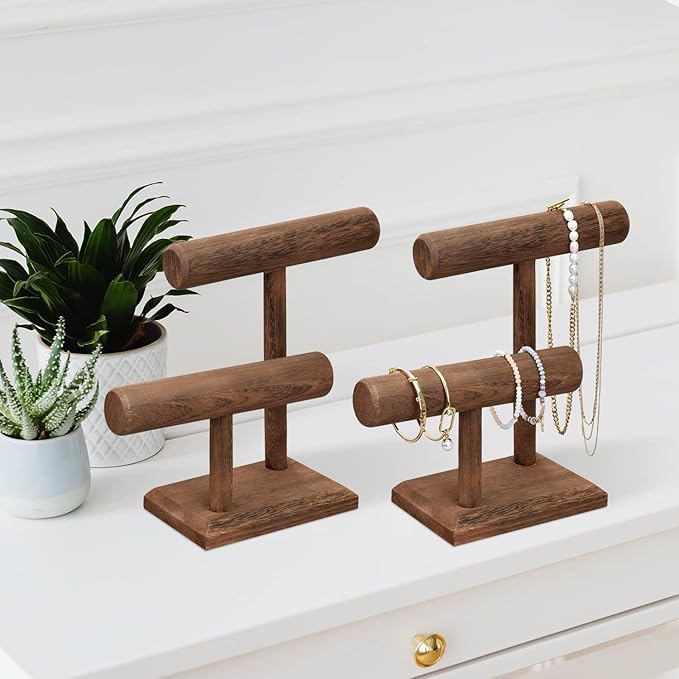 MOOCA 2 Pcs 2-Tier Space Saving Wooden Bracelet Holder Display, Jewelry Stand, Wood Bracelets Display, Jewelry Set, Free Assembly, Brown Color