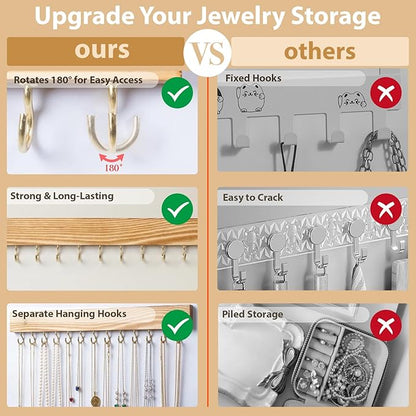 3 Pack Necklace Holder Wall Mounted Hanging Jewelry Organizer, Wooden Jewelry Hanger with 39 Hooks for Necklace Earring Bracelet & Accessories Display, Jewelry Storage Holder for Bedroom Closet Decor