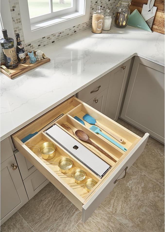 Rev-A-Shelf Trim-to-Custom-Fit Silverware Drawer Organizer For Kitchen Utensils, Cutlery Cabinet Storage Divider Insert, 18.5 x 22 In, Maple Wood, 4WUT-1SH