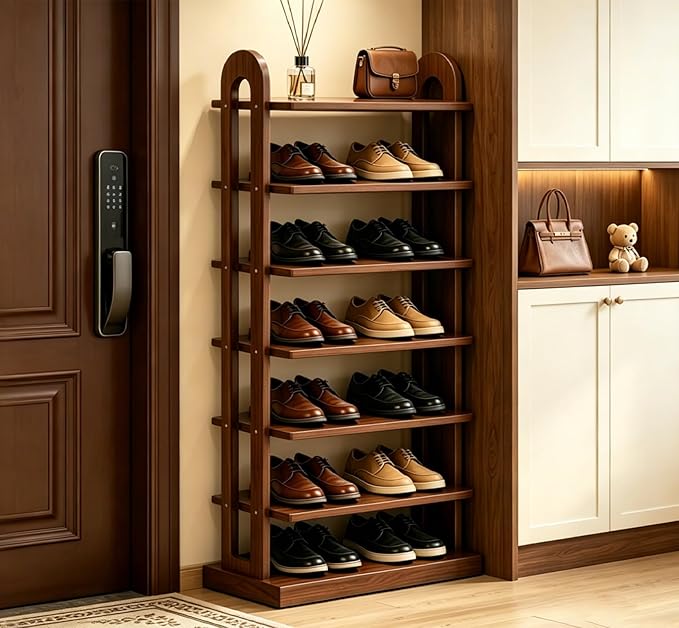 7-Tier Vertical Shoe Rack, Entryway Shoe Tower, Shoe Rack Organizer, Shoe Holder Storage Narrow Vertical, Wooden Free Standing Shoe Rack Shelf for Entryway, Hallway, Closet
