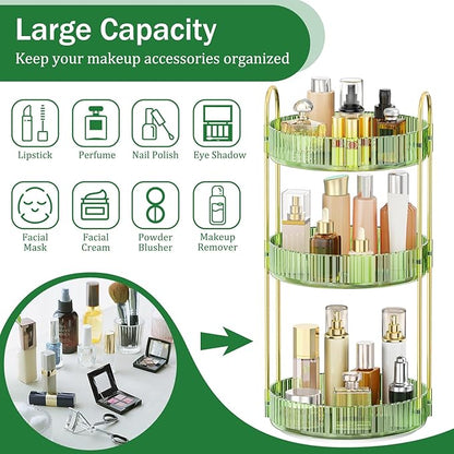 MOKANI 360 Rotating Makeup Organizer for Vanity, 3 Tier Adjustable Perfume Organizer for Dresser, Multi-Function Spinning Cosmetics Skincare Storage for Bedroom, Dresser, Countertop, Green