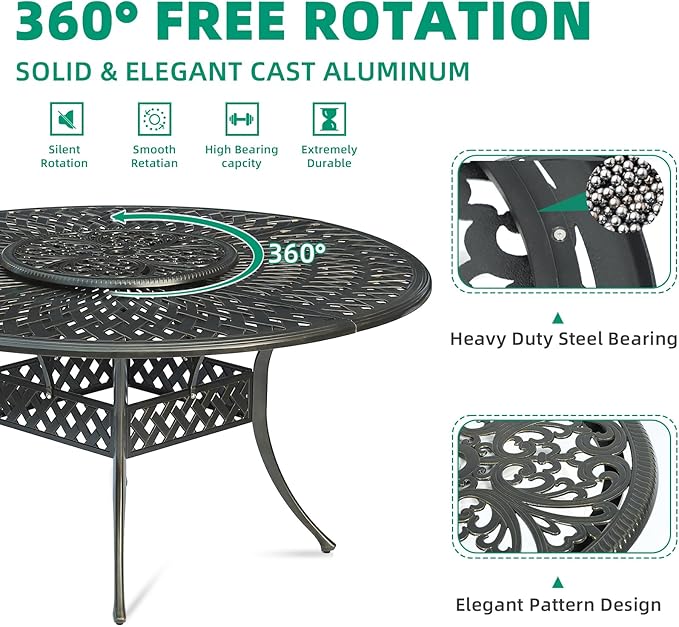 VIVIJASON 24" Cast Aluminum Lazy Susan Turntable, 360° Rotating Display Tray with Silent Bearings, Round Table Top Swivel Serving Plate with Umbrella Hole for Outdoor Dining Table, Floral Style