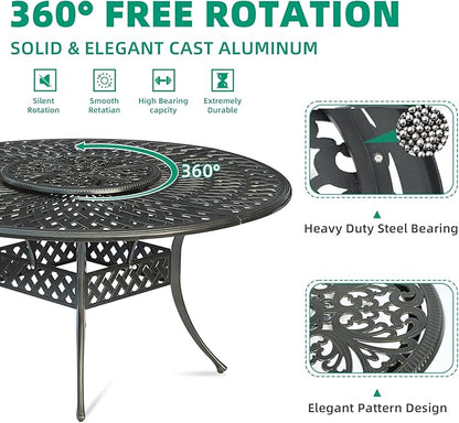VIVIJASON 24" Cast Aluminum Lazy Susan Turntable, 360° Rotating Display Tray with Silent Bearings, Round Table Top Swivel Serving Plate with Umbrella Hole for Outdoor Dining Table, Floral Style
