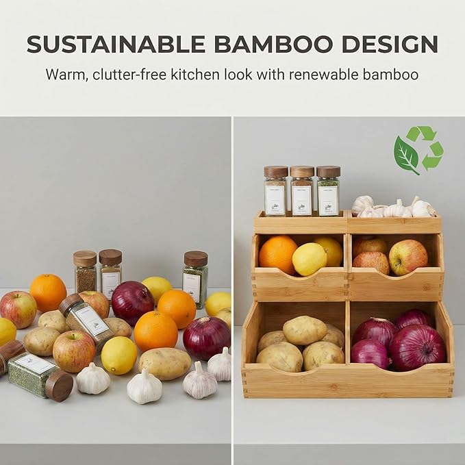 Bamboo Pantry Storage Bins Set 5 Pieces - Stackable Baskets, Potato and Onion Storage, Bamboo Wood Storage Bins for Pantry Baskets Organization and Storage, Kitchen Essential