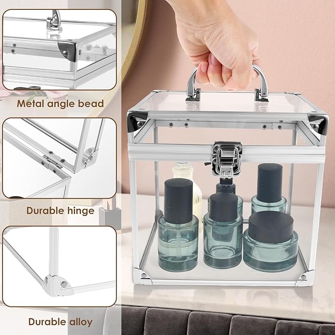 Crown Boxes for Pageants 7.9 X 6.7 X 7.5 In Clear Large capacity Makeup Train Case Cosmetic Case with Latches and Handle Toiletry Organizer Box Travel Makeup Tools Storage Organizer Box