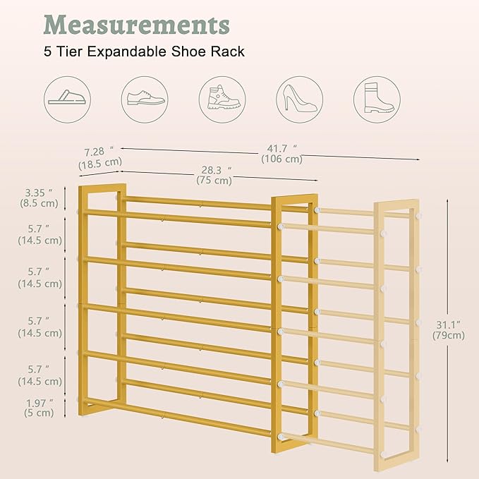 FAVOOSTY 5-Tier Expandable Shoe Rack, Adjustable Shoe Shelf Storage Organizer Space Saving Metal Free Standing Shoe Rack for Entryway Closet Doorway, Silver Grey (Gold, 5 Tier)