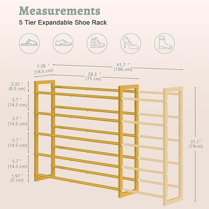 FAVOOSTY 5-Tier Expandable Shoe Rack, Adjustable Shoe Shelf Storage Organizer Space Saving Metal Free Standing Shoe Rack for Entryway Closet Doorway, Silver Grey (Gold, 5 Tier)