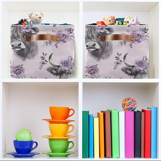 Large Storage Basket Highland Cow Purple Flower Storage Bin Cube Canvas Fabric Organizer Handles Collapsible for Clothes Toys Bedroom Decorative