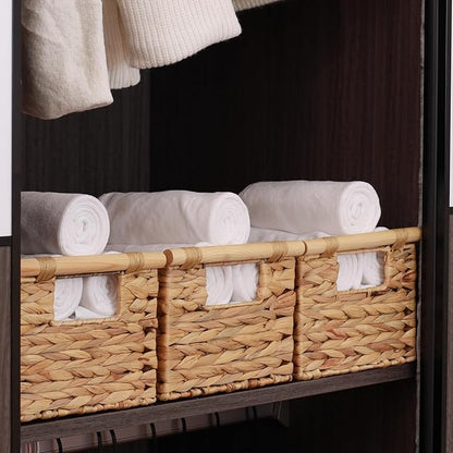 Large Rectangular Wicker Basket With Built-in Wooden Handles, Water Hyacinth Woven Basket for Organizing, Utility Shelves, Towel Storage Basket