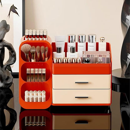 Makeup Organizer with Drawers,Large Capacity Countertop Organizer for Vanity,Bathroom and Bedroom Desk Cosmetics Organizer,Easy To Storage Skincare,Brushes,Lotions (Red and Cream)