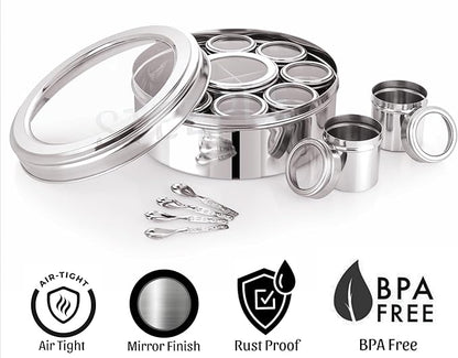12 In 1 Stainless Steel Masala Box | Spice Box For Kitchen | Large Masala Dabba with See-Through Lid | Steel Masala Dani 2.5L Spice Organizer with 12 Compartment (22.5 cm, Silver)