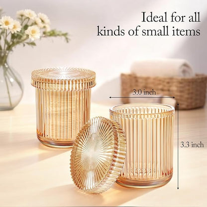 SheeChung Glass Qtip Holder Dispenser, 4-Pack Glass Apothecary Jars - Vintage Sunburst Bathroom Organizer Set - Cotton Swab Ball Pad Storage - Bathroom Accessories Decor（Amber）