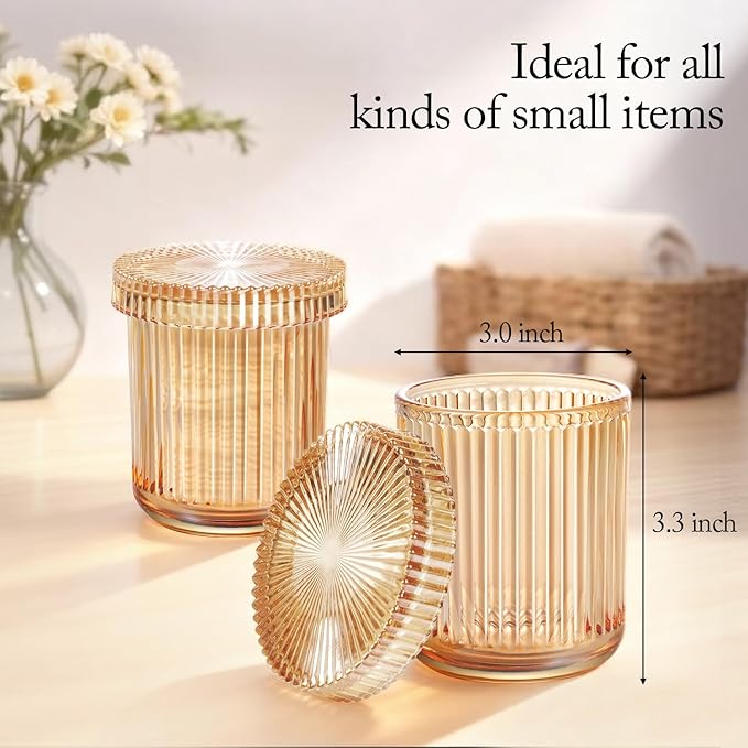SheeChung Glass Qtip Holder Dispenser, 2-Pack Apothecary Jars- Vintage Sunburst Bathroom Organizer & Storage Set -Vanity Canister for Cotton Swabs, Balls, Pads - Luxury Modern Farmhouse Decor (Amber)