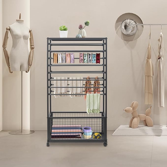 16-Tier Double-Sided Ribbon Holder Organizer Rack with Storage Basket & Wheels, Multifunctional Flower Wrapping Paper Display Stand for Craft Rooms, Flower Shops (Black, 31.5''W x 12.6''D x 59.06''H)