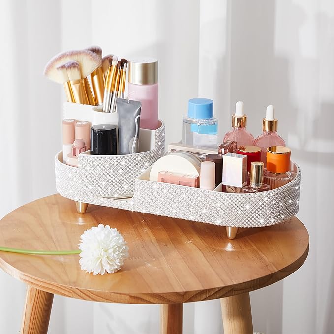 Teen Girls Mother's Day 360 Rotating Bling Makeup Organizer Gift Rhinestone Diamond Bathroom Organizer Girly Skin Care Brush Holder for Countertop, Bathroom Essentials(White,Pearl)