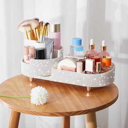 Teen Girls Mother's Day 360 Rotating Bling Makeup Organizer Gift Rhinestone Diamond Bathroom Organizer Girly Skin Care Brush Holder for Countertop, Bathroom Essentials(White,Pearl)