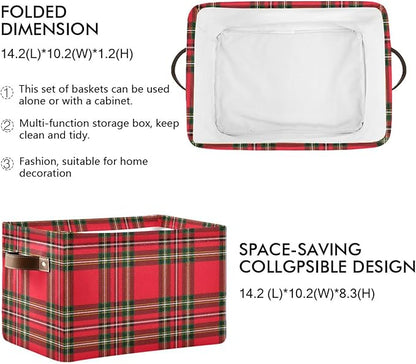 Red Green Tartan Plaid Christmas Large Storage Basket Cube Storage Bin Canvas Fabric Organizer Handles Collapsible Decorative for Clothes Bedroom