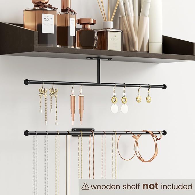 Wall Hanging Jewelry Organizer: 12.6'' Necklace Holder for Earring, Bracelet, Rings, Hairband, Glasses, Black 2-Pack, Screws Included