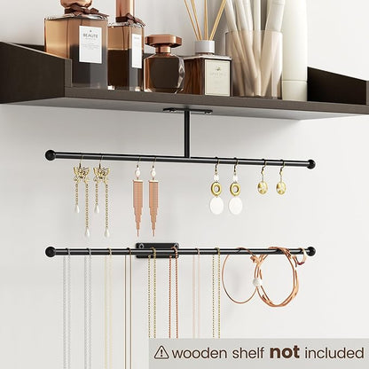 Wall Hanging Jewelry Organizer: 12.6'' Necklace Holder for Earring, Bracelet, Rings, Hairband, Glasses, Black 2-Pack, Screws Included