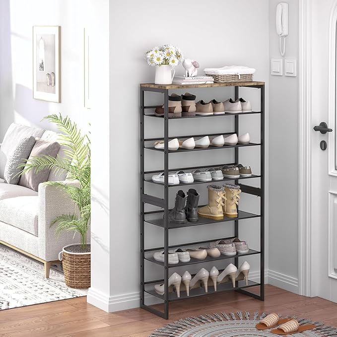 Garden 4 you Shoe Rack for Entryway 7 Tiers 11.8" D x 29" W x 52" H, Metal Shoe Rocks with Brown Wooden Tabletop, Angled Shoes Rack with Adjustable Mesh Shelves for Entryway Hallway Closet
