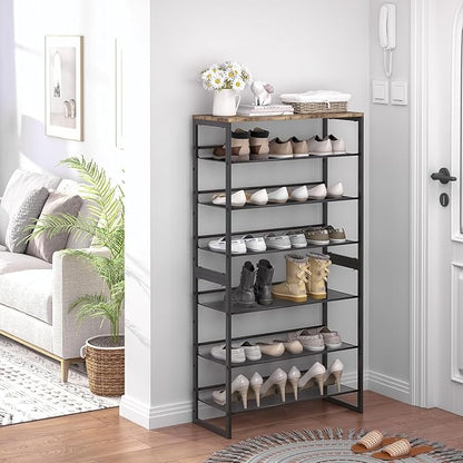 Garden 4 you Shoe Rack for Entryway 7 Tiers 11.8" D x 29" W x 52" H, Metal Shoe Rocks with Brown Wooden Tabletop, Angled Shoes Rack with Adjustable Mesh Shelves for Entryway Hallway Closet