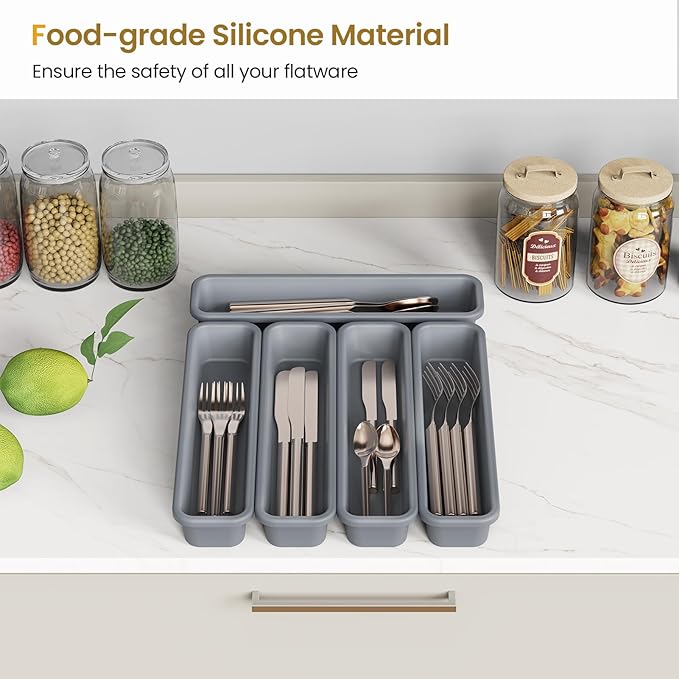 5 Pack Silicone Drawer Organizer for Kitchen, DIY Free Combination Silverware Organizer, Utensil Drawer Organizer, Moisture-proof and Heat-resistant up to 200°C, Anti-slip Design (Grey)