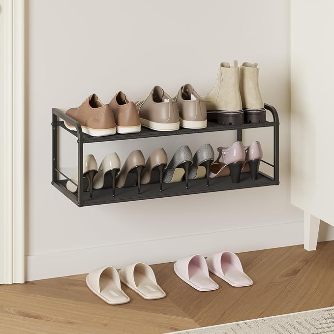 Wall Mounted Shoe Rack, Carbon Steel Shoe Organizer with Removable Oxford Cloth, Non-Slip Space-Saving for Entryway Closet Bedroom, Black