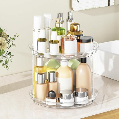 2 Pack 2 Tier Lazy Susan Organizer, 9.25'' Lazy Susan Turntable for Cabinet, Stackable Turntable Organizer Rotating Spice Rack Organization for Kitchen Countertop, Pantry, Bathroom, Clear