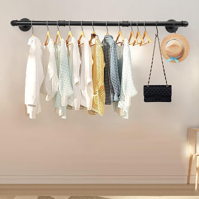 Livabber Industrial Pipe Clothes Rack, Heavy Duty Detachable Iron Garment Rack Wall Mounted, Rustic Saving Space Clothes Bar Multi-Purpose Hanging Rod for Bedroom, Closet, Black (36 Inch)