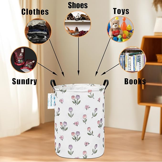Laundry Basket Canvas Fabric Collapsible Organizer Basket for Storage Bin Toy Bins Gift Baskets Bedroom Clothes Children Nursery Hamper (Tulip)