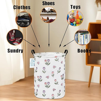 Laundry Basket Canvas Fabric Collapsible Organizer Basket for Storage Bin Toy Bins Gift Baskets Bedroom Clothes Children Nursery Hamper (Tulip)