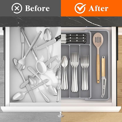 Lifewit Silverware Drawer Organizer, Expandable Utensil Tray for Kitchen, BPA Free Flatware and Cutlery Holder, Adjustable Plastic Storage for Spoons Forks Knives, 10.9"-17.5" x 13.7", Gray