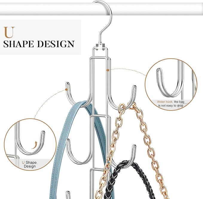 Purse Hanger Organizer for Closet 4 Pack, Metal Purse Rack for Closet Space Saving Handbag Holder Storage Closet Rod Hook for Hanging Bags, Purses, Handbags, Belts, Scarves, Hats, Ties(Silver)