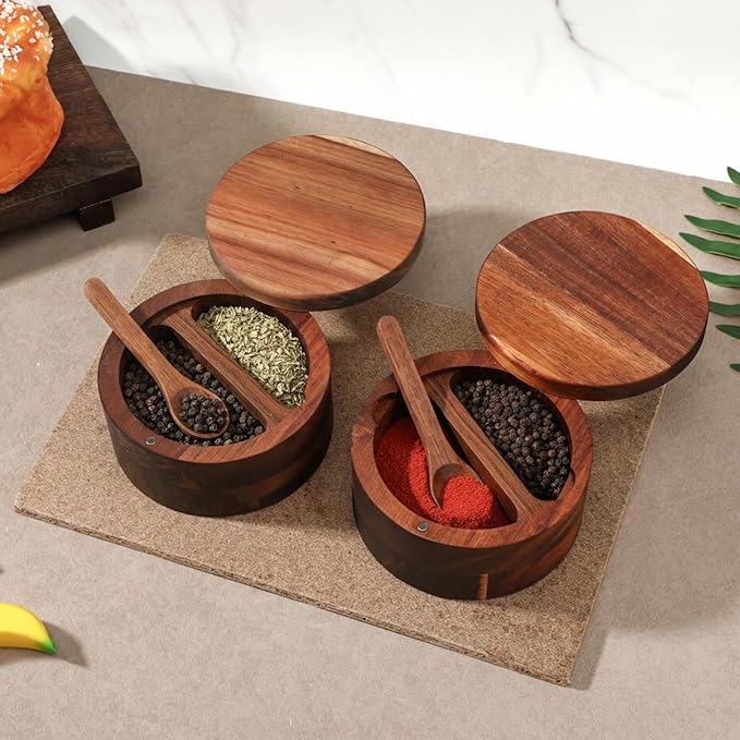 2pcs Acacia Wood Salt and Pepper Bowl 12 oz Salt Cellar with Swivel Lid & Spoon SaltContainer Holder Elegant Seasoning Bowl Container for Kitchen Storage Spice Favorite Seasonings