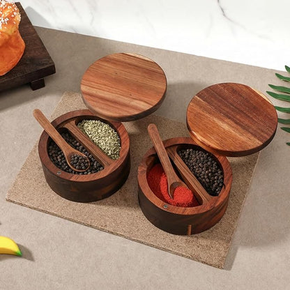 2pcs Acacia Wood Salt and Pepper Bowl 12 oz Salt Cellar with Swivel Lid & Spoon SaltContainer Holder Elegant Seasoning Bowl Container for Kitchen Storage Spice Favorite Seasonings
