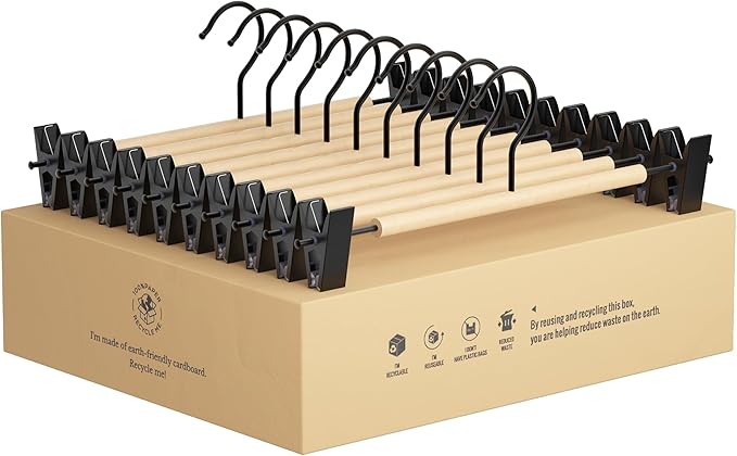 StorageWorks Pants Hangers with Clips, Wooden Clothes Hanger for Skirts, Jeans, Shorts, 10 Pack, Natural Wood Color