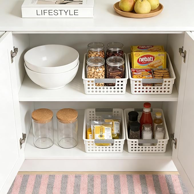 Soddeph 4 Pack Small Plastic Storage Baskets for Organizing, Stackable Bins with Handles for Shelves, Multipurpose Drawer Trays (White)