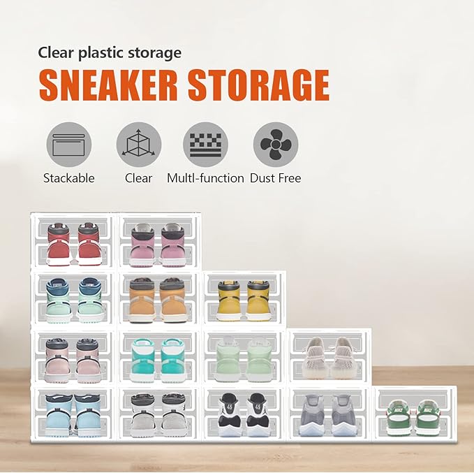 Shoe Box, 6 Pack Shoe Boxes Clear Plastic Stackable, Shoe Storage Boxes with Lids, Drop Front Shoe Boxes for Sneaker Storage Display, Fit Up to US Size 12 (13.6”x 10.4”x 7.5”) (Transparent)