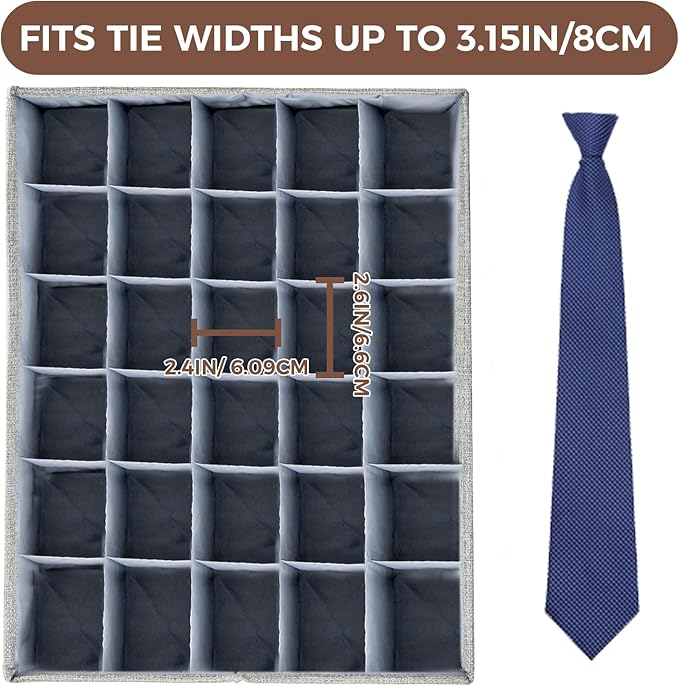 PINGMIC Gray Sock Organizer Divider 3 Pack with Lid - 30 Cell Foldable Closet Storage, Tie Organizer For Men Boxes for Socks, Ties, Belts