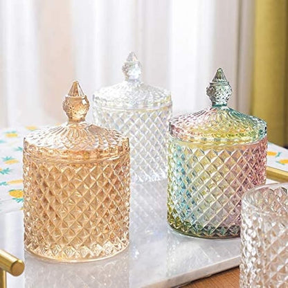 Colorful Home Decorative Jar Qtips Holder Dispenser Glass Storage Container Bathroom Counter Vanity Organizer for Bath Salts/Swabs/Rounds Makeup Sponges Toothpick Jewelry (Rainbow, 10 oz,