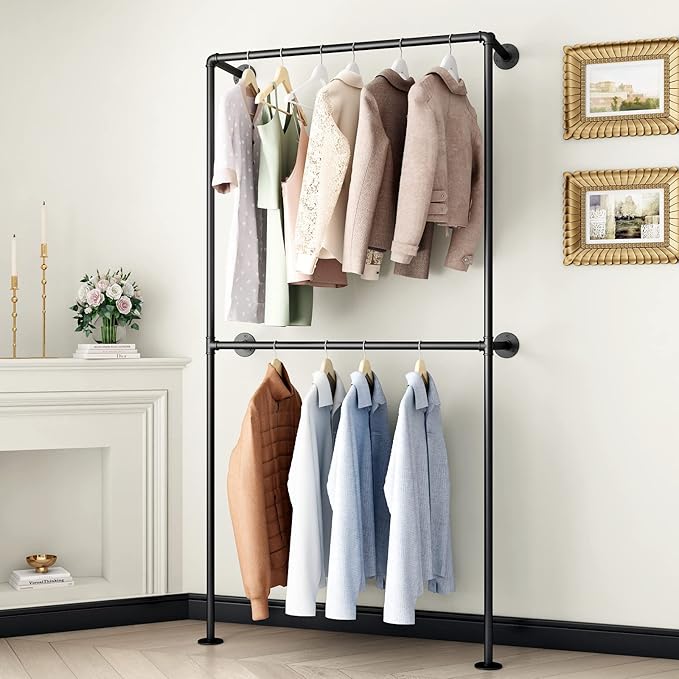 Industrial Pipe Clothing Rack Wall Mounted Garment Rack, Black Pipe Clothes Rack Retail Display Hanging Rod for Closet Storage, Laundry Room