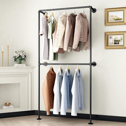 Industrial Pipe Clothing Rack Wall Mounted Garment Rack, Black Pipe Clothes Rack Retail Display Hanging Rod for Closet Storage, Laundry Room