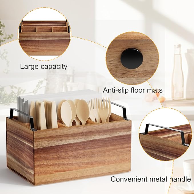 Wooden Silverware Caddy Organizer, Acacia Wooden Silverware Holder, Utensil Holder for Party, Utensil Organizer for Countertop, Wood Color