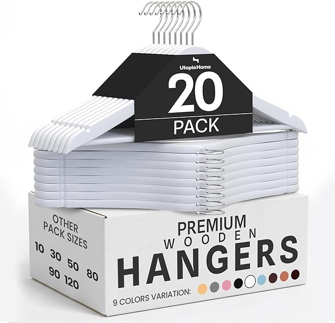 Utopia Home Premium Wooden Hangers 20 Pack - Durable & Slim Coat Hanger - Suit Hanger with 360-Degree Rotatable Hook - Wood Hangers with Shoulder Grooves (White Color)