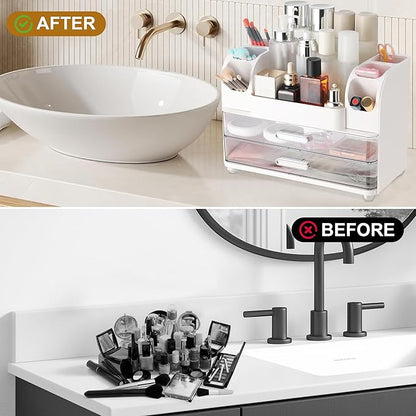 Large Makeup Organizer Countertop with Drawers, Make Up Organizer for Vanity, Makeup Storage Organizer Countertop Makeup Organizers for Skincare, White