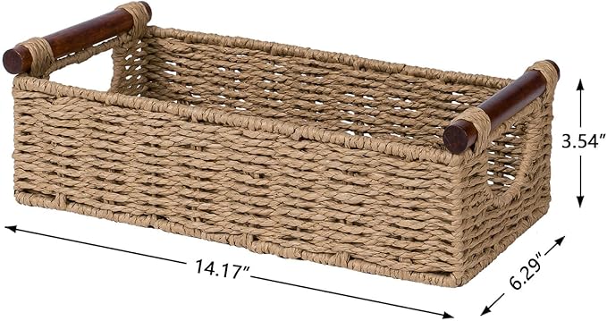 CubesLand Wicker Toilet Storage Basket Tray Organizer W/Cut Out Handle, Slim Decorative Basket for Countertop, Shelves And for Versatile Home Decor, Living Room, Nursery Organization, Neutral