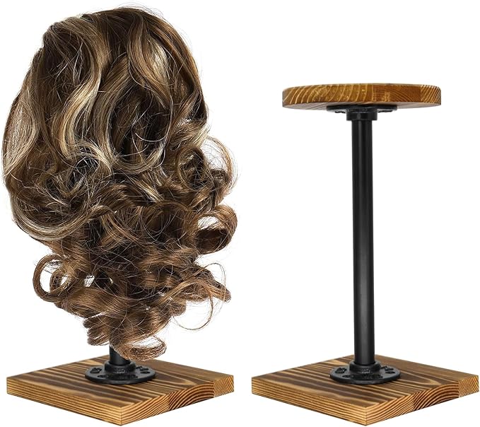Owlgift Rustic Burnt Wood Hat Stand and Wig Display Rack, 2pcs 11.2” Hat Stands with Industrial Metal Pipe for Display, Square Barbell Base Display, Hat Rack Stand for Display Jewelry Watch Ring Bracelet Helmet