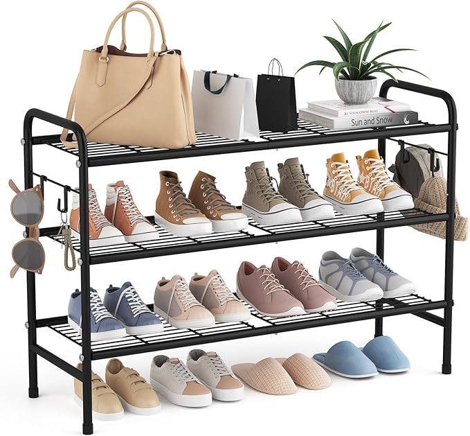 VILICK 3 Tier Shoe Rack 33" Wide Metal Shoe Organizer Long Shoe Storage with 4 Side Hooks Sturdy Shoes Shelf for Front Door Entrance, Closet, Garage, Dorm, Black