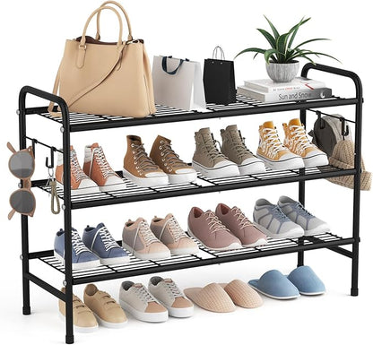 VILICK 3 Tier Shoe Rack 33" Wide Metal Shoe Organizer Long Shoe Storage with 4 Side Hooks Sturdy Shoes Shelf for Front Door Entrance, Closet, Garage, Dorm, Black