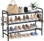 VILICK 3 Tier Shoe Rack 33" Wide Metal Shoe Organizer Long Shoe Storage with 4 Side Hooks Sturdy Shoes Shelf for Front Door Entrance, Closet, Garage, Dorm, Black